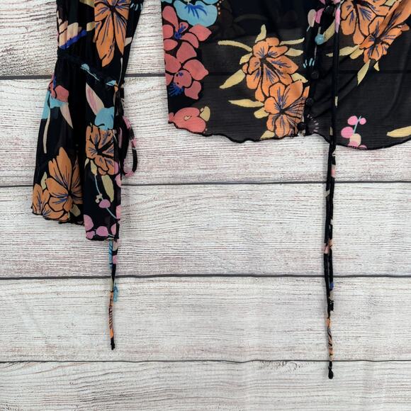 Free People Floral Semi Sheer Scoop Neck Blouse Womens Small Black Blue Pink - Picture 5 of 13